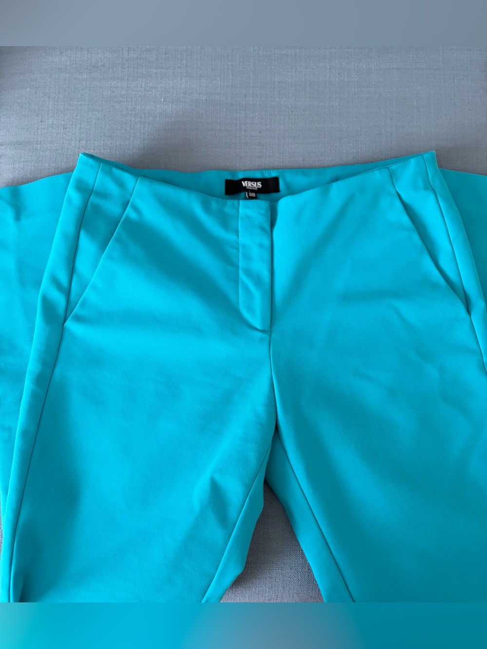 [$250] VERSACE Pants Cropped Capri Turquoise Teal with Golden pins IT38 (25/26)